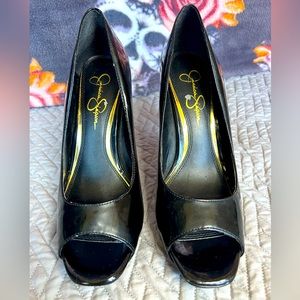 Black open toe patent pumps